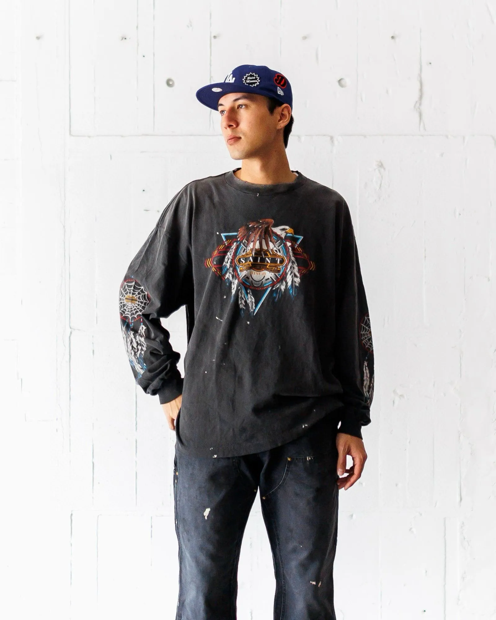 SAINT Mxxxxxx x TEFLON DISCO SAINT DISCO ML_LS TEE/BLK Eagle Feather Spider Web Distressed Long Sleeves, Washed Black S-XL, Ready-made Assute Dyeing, Water Spray Fading Treatment, Customized TEFLON DISCO co-branded accessories, Hand-splashed ink, Wormhole fraying treatment, Authentic level printing process
